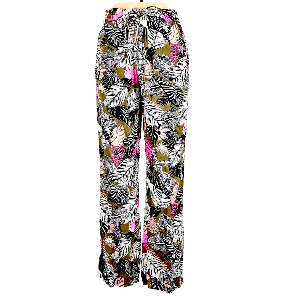 NWOT Per Se Tropical Leaf Print Pants - Linen blend, elastic waist Size L